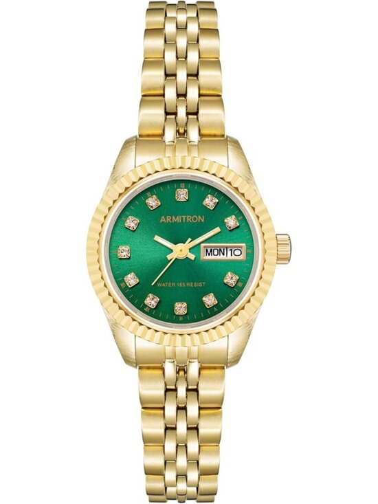 Armitron Women\'s Gold Green Genuine Crystal Accented Bracelet Round Luxury Watch